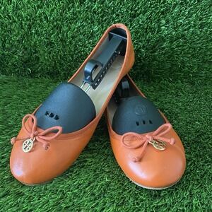 Tory Burch Charm Ballet Flat Women's Shoes Orange Leather Slip On Sandals Sz 8.5